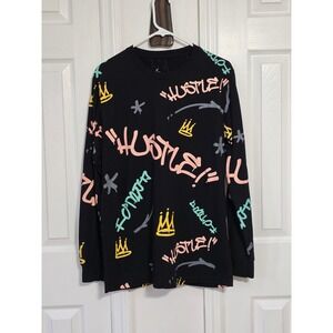 BAILEYS APPAREL Black Long Sleeve Graphic Tee Hustle Crown Graffiti Print Medium